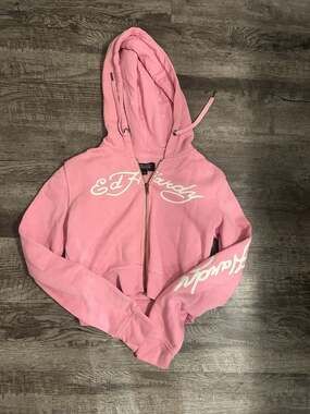 Ed Hardy Pink Skull and Cobra Graphic Cropped Zip-Up Hoodie